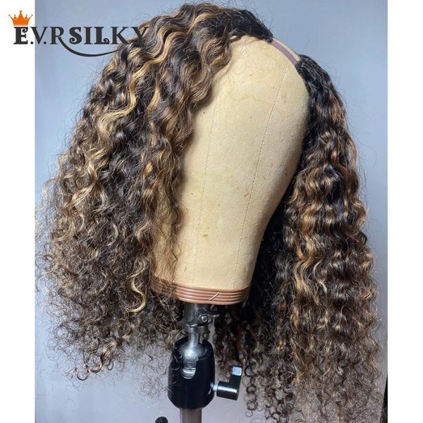 

lace wigs brazilian short bob jerry curl highlight human hair u part glueless 200density 1x4 machine made remy, Black;brown