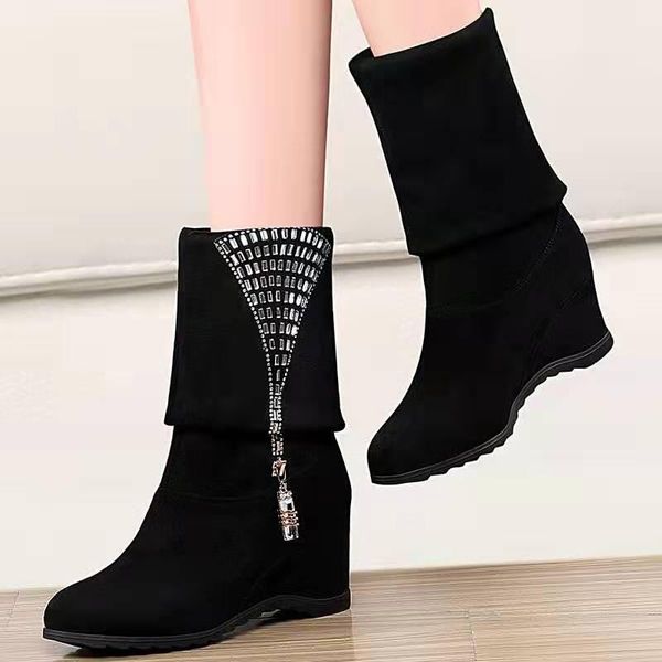 

boots 2021 plush wedges woman winter\ shoes women high fashion rhinestone short boot footware two wearings black