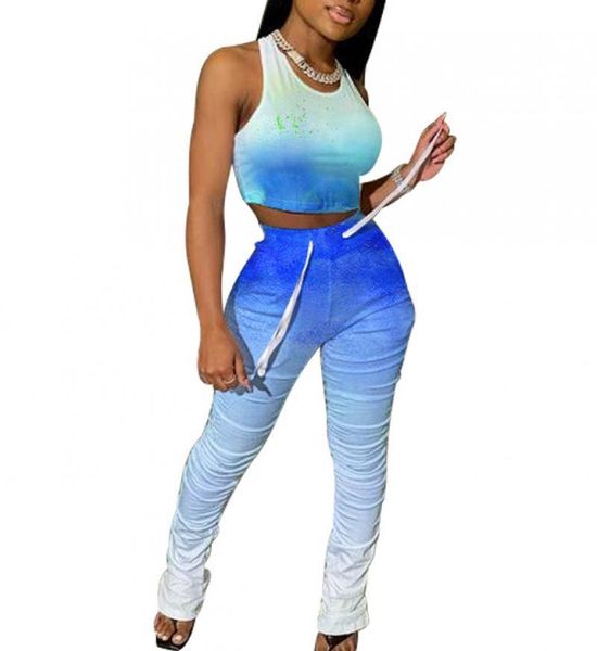 

women's tracksuits women set two pieces sets sleeveless crop gradient tracksuit stacked leggings pants suit fitness casual outfits matc, Gray