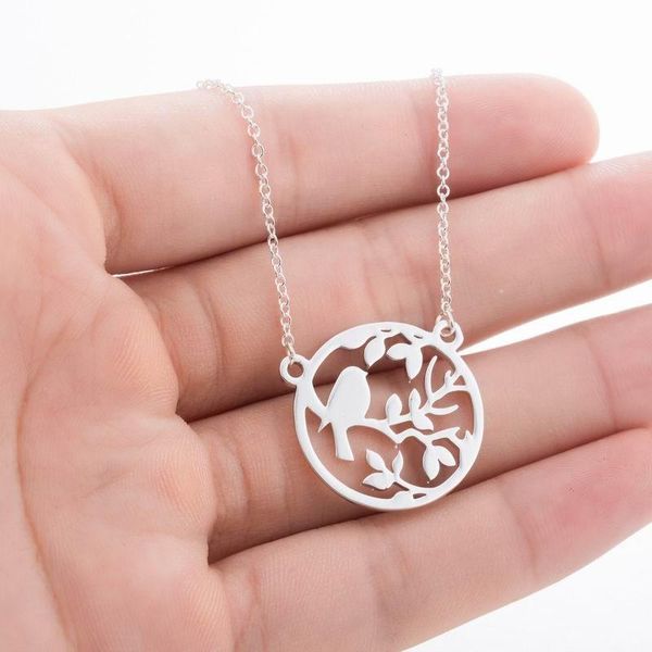 

stainless steel round necklaces female bird on tree pendant, Silver