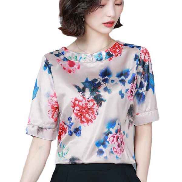 

summer short sleeve print silk blouse women shirts o-neck loose korean blouses casual plus size camisas mujer women's &, White