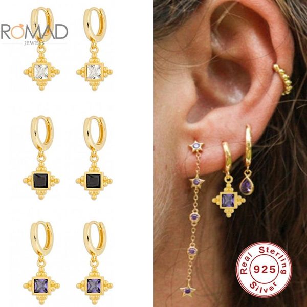 

hoop & huggie romad 925 sterling sliver round purple black diamond earrings irregular pendant hoops for women pendientes plata, Golden;silver