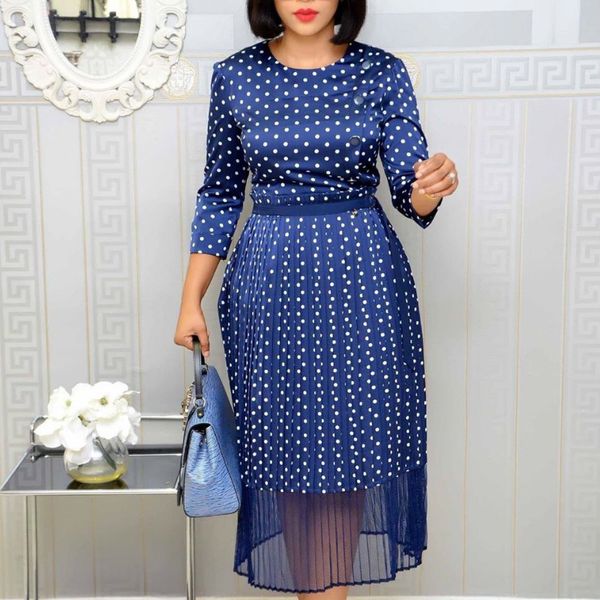 

women dresses navy blue polka dot with mesh two pieces set o neck long sleeves elegant fashion vestidoes classy female 210416, Black;gray