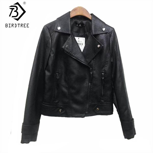 

korean clothes turn-down collar jacket women pu zipper soft leather coat lady spring autumn outerwear black t00706n 210416