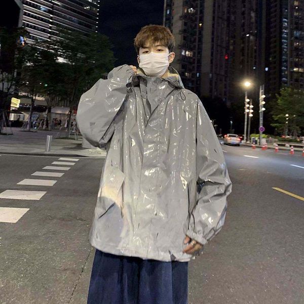 

men's jackets e-baihui geometric print jacket reflective hooded casual loose coat hip hop fashion windbreaker autumn streetwear overcoa, Black;brown