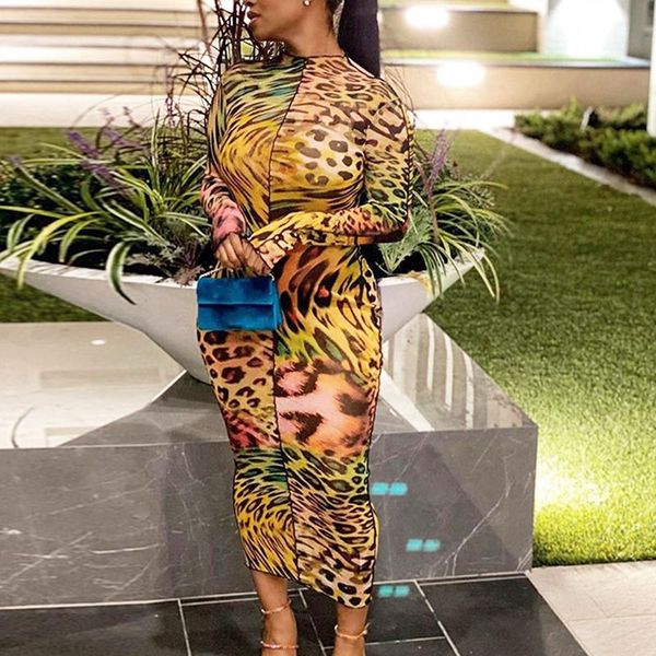 

mesh fabric leopard pattern print maxi dresses for women see through ruffle skinny attractive clubwear casual, Black;gray