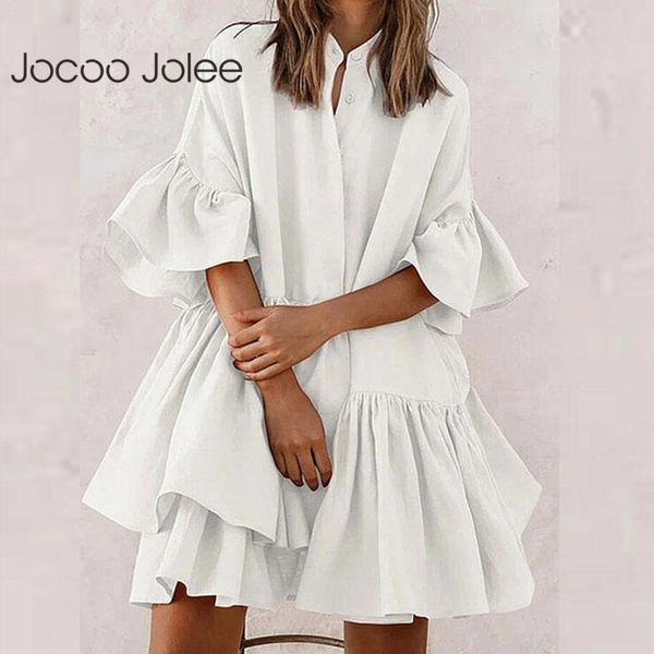 

women elegant ruffles loose mini dress casual half sleeve solid irregular plus size beach evening party 210428, Black;gray