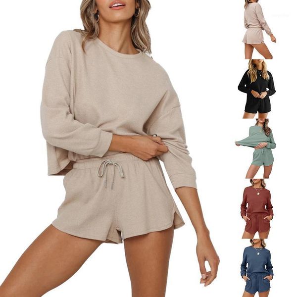 

women's tracksuits 2-piece sportswear solid color o-neck long-sleeved pullover + girls drawstring shorts sports yoga leisure suit, Gray