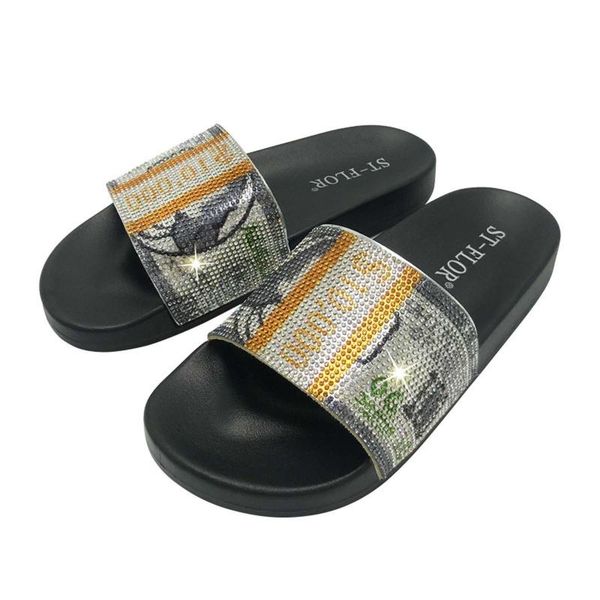 

summer rhinestone slippers women flat sandals platform ladies shoes slip on flip flops open toe chaussure femme, Black
