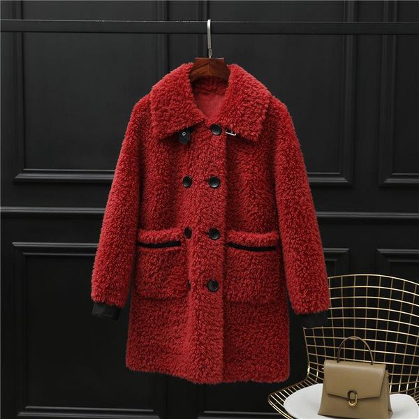 

women's fur & faux 2021 women winter real coat loose natural wool blends medium solid fashion elegant genuine sheepskin outerwear d58, Black