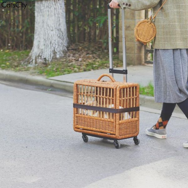 

cat carriers,crates & houses handmade rattan outing trolley bag labor-saving universal wheel case breathable basket pet supplies