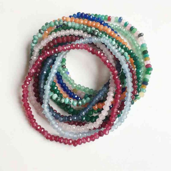 

3*4mm faceted green emerald gem stretchy bracelet natural stone jade vintage cut small bead hand row gemstone for women jewelry, Golden;silver