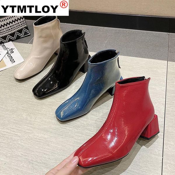 

boots brand women's shoes booties ladies low heels boots-women round toe fashion autumn leather rubber ankle zipper, Black