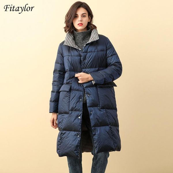 

women's down & parkas fitaylor winter grid double sided long feather jacket women white duck warm coat splicing bicolor single breasted, Black