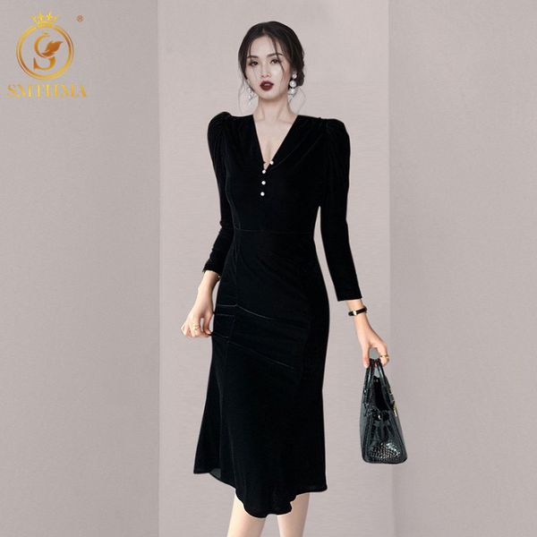 

women autumn winter elegant velvet mermaid dress vintage black party robe femme v-neck designer vestidos 210520, Black;gray
