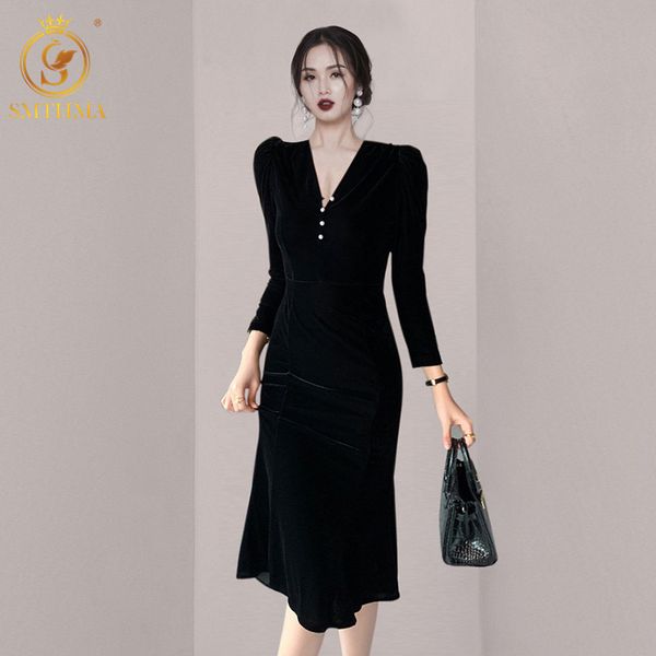 Mulheres Outono Inverno Elegante Veludo Sereia Vestido de Alta Qualidade Vintage Black Party Robe Femme V-Neck Designer Vestidos 210520