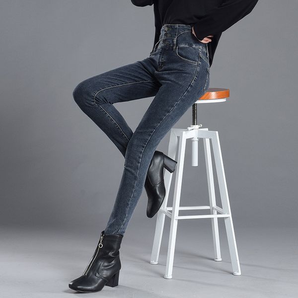 Jeans de mulher de inverno Plus Size Quente Elástica Calças Lápis Alto Cintura Preto Namorados Mamãe Coreano Vintage Jean 210428