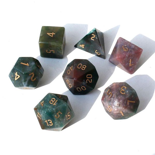 

pcs/set natural moss agate / man made cat eye blue sand set engraved crystal dices decorative objects & figurines