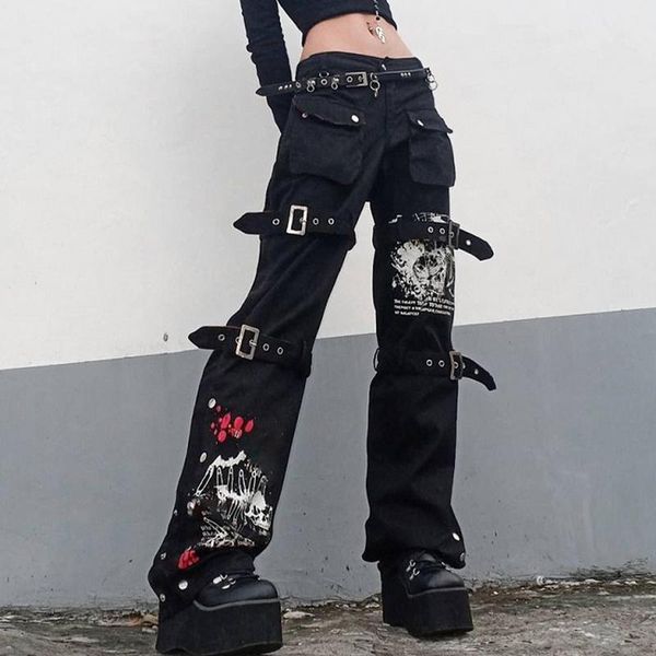 

women's jeans harajuku punk skull print black buckle pants high waist big pocket trousers y2k e-girl goth mall grunge cargo techwear, Blue