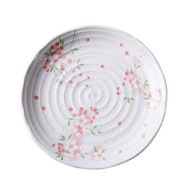 Placas de jantar com flores de cerejeira de primavera, alívio exclusivo Sakura na textura espiral redondo, louça de jantar para sobremesa de bife