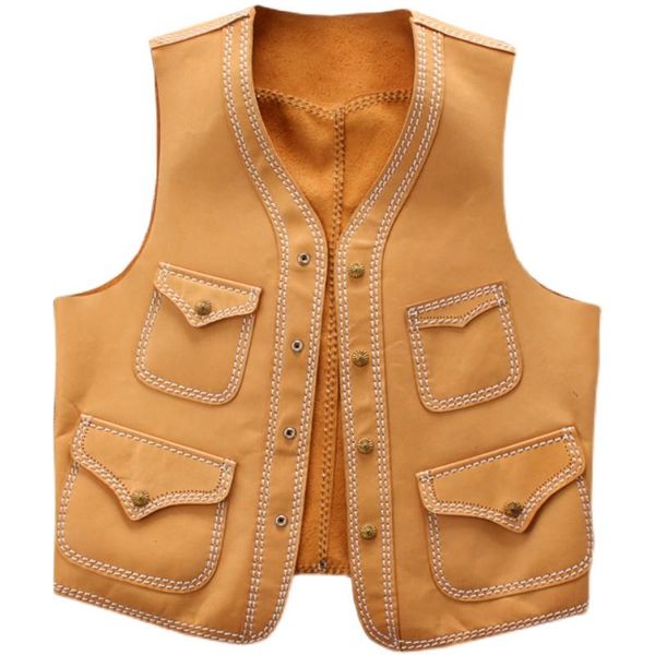 Gilet da uomo 2021 Gilet in vera pelle gialla da uomo Stile casual Quattro tasche Plus Size 3XL Cappotto corto in vera pelle di pecora naturale estiva