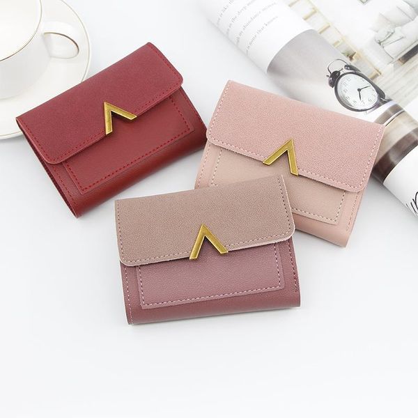

solid color women wallets short mini wallet leather button coin purse lady notecase pocket card female money bag, Red;black