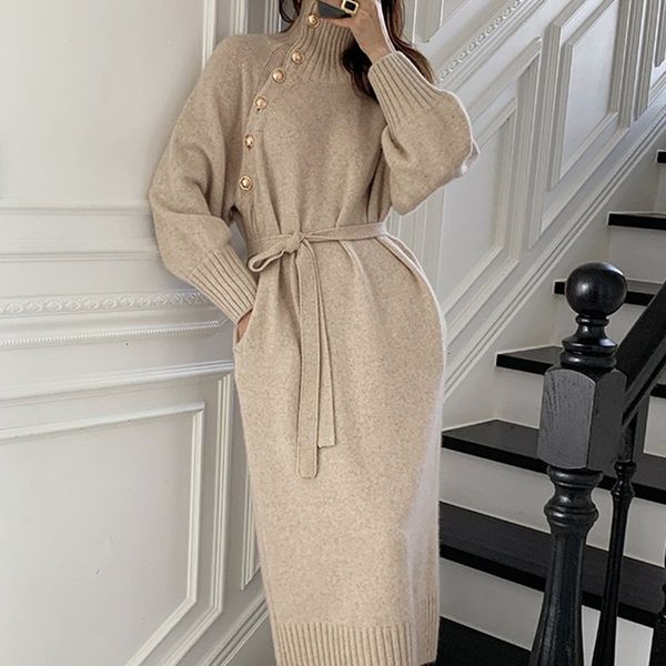 

casual dresses winter turtleneck buttons women knitted elegant full sleeve lace-up female thicken long sweater dress fph4, Black;gray
