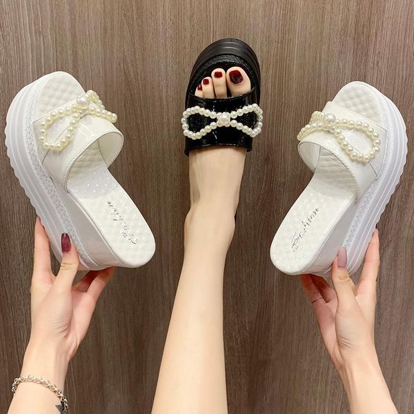 

high-heeled shoes lady ladies' slippers luxury slides slipers women platform on a wedge flower increased internal butterfly-knot, Black