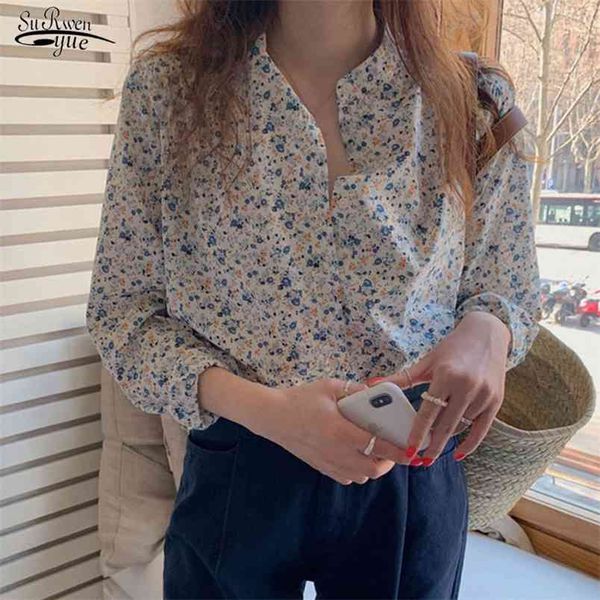 

blusas autumn v-neck women shirt korean long sleeve blouse sweet floral elegant loose chic chemisier femme 10189 210421, White