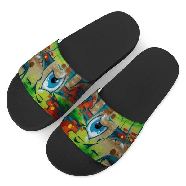 

slippers green graffiti custom outdoor sandals woman non-slip beach shoes platform flip flops sandalias de mujer big blue eyes, Black