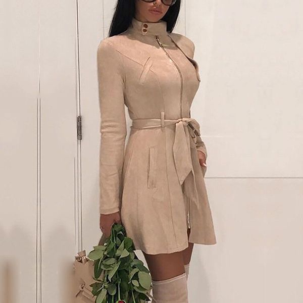 

spring autumn womens sash suede trench coats casual leather pocket long women autumn coat winter warm outwear overcoat female, Tan;black