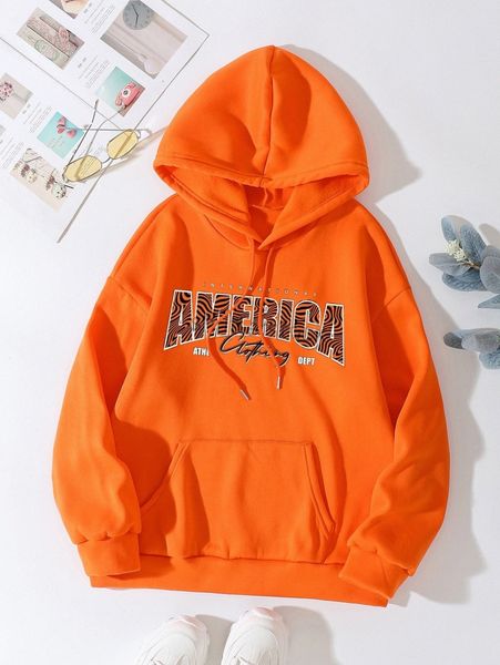 

letter graphic kangaroo pocket drawstring thermal hoodie x4ar#, White;black