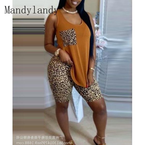 

women's tracksuits mandylandy summer stitching sleeveless o-neck vest + high waist slim pencil shorts suit casual leopard printing, Gray