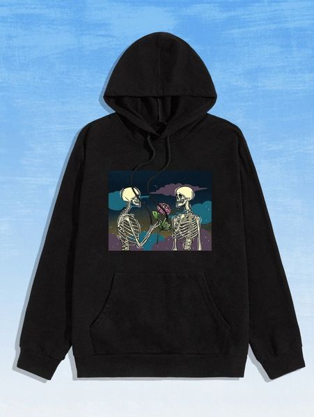 

romwe x sadskelly skeleton print drawstring hoodie 28q3#, White;black