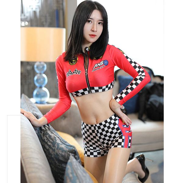 

women cosplay racing girl short 2pcs/set stage erotic high elastic dance wear long sleeve with zipper open short f3, Black;white
