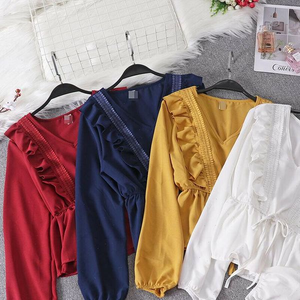 

women shirt womens blouse v neck lace vintage spring summer solid slim ruffles fashion  5 colors, White