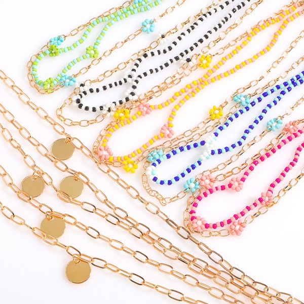

boho little daisy flower beaded clavicle necklace for women 3pcs/set golden metal chain necklace pendant jewelry trendy, Silver