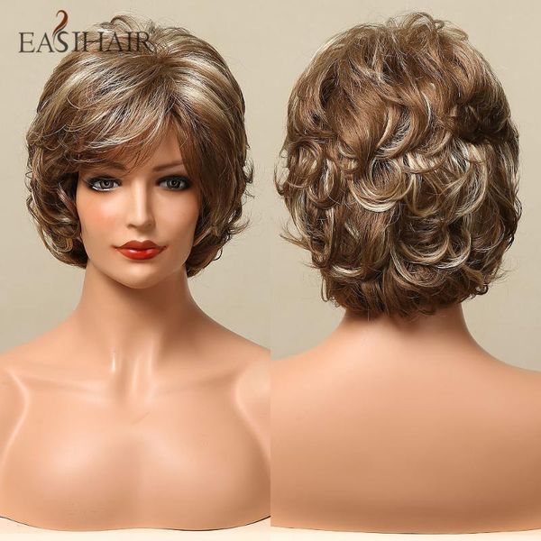 

synthetic wigs easihair short for women blonde bob layered natural hair curly wig highlight high temperature fiber cosplay, Black