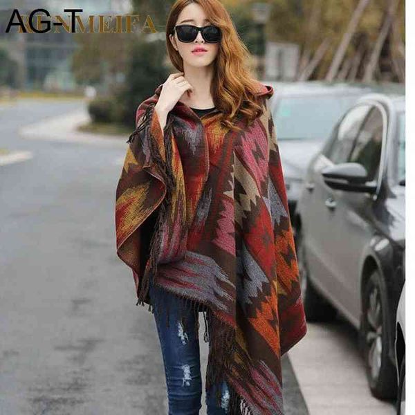 

runmeifa women winter bohemian hooded coat cape wrap poncho shawl scarf cotton and acrylic tribal fringe new hoodie dropshipping