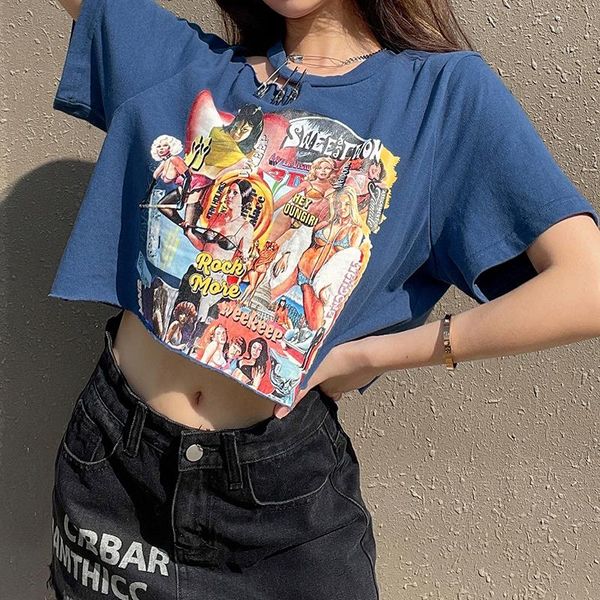 

women's t-shirt 2021 summer fashion one off shoulder t-shirt, short sleeve cartoon print loose crop with safety pins,s//l, White