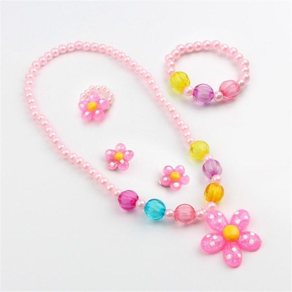 

earrings & necklace 2021 fashion 5pcs cute flower artificial pearls kids girls bracelet ring jewelry set, Silver