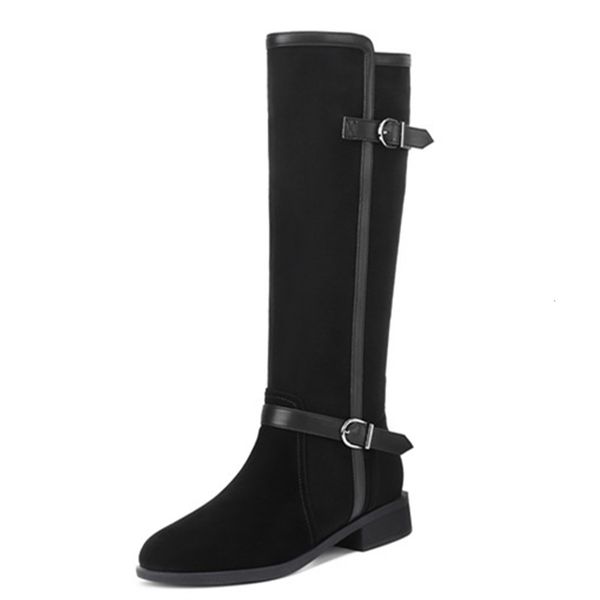 

asumer knee leather high autumn women buckle down riding boots, Black