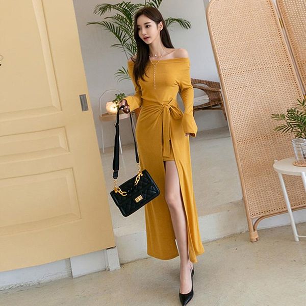 

autumn 2021 female korean version of ol fashion suit one-shoulder long-sleeved slim strappy dress with split ends casual dresses, Black;gray
