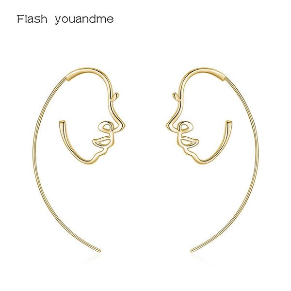 

hoop & huggie astract human face earrings 100% 925 sterling silver fashion elegant line ear for women girls fine minimalism jewelry arete, Golden;silver