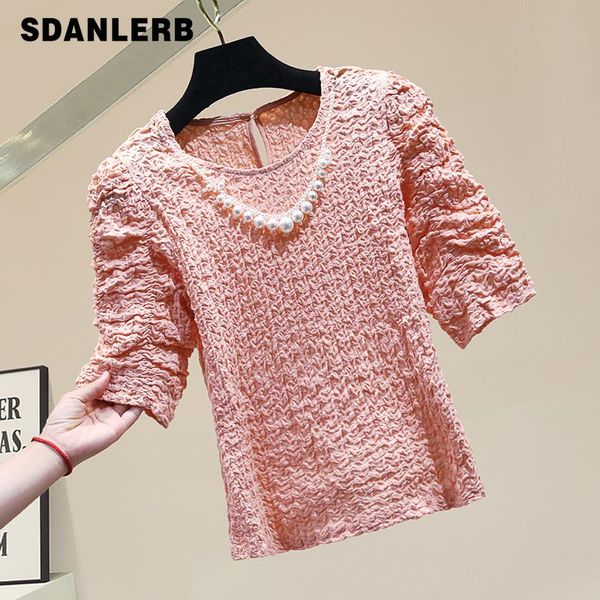 

spring summer pleated slimming t-shirt beaded cotton short sleeve loose pullover female jumper ladies women's, White