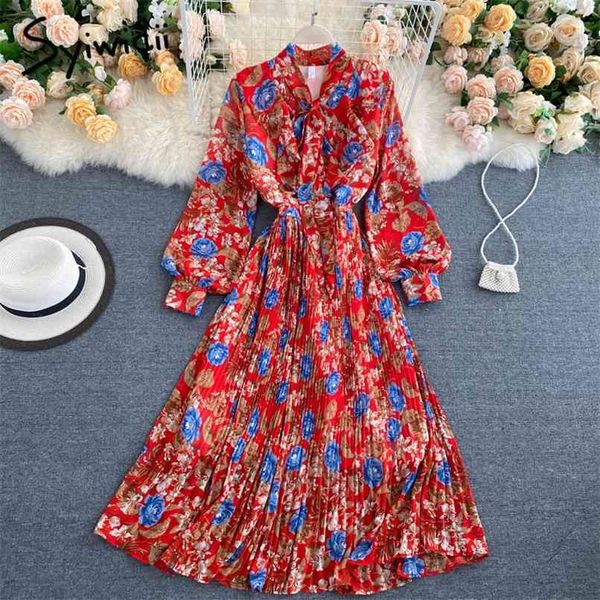 

floral print dress for women summer pleated party puff long sleeve lace up collar a-line midi dresses 210607, Black;gray
