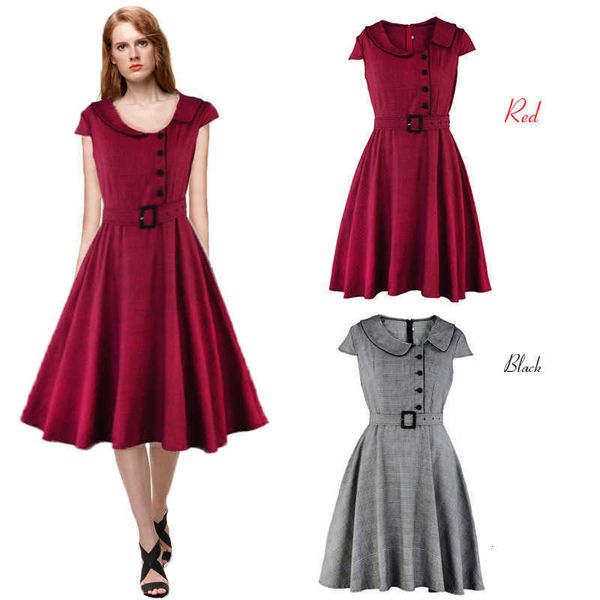 

sleeved dress summer drs doll neck short sleeve round neck plaid elegant waist closing temperament medium and long skirt, Black;gray