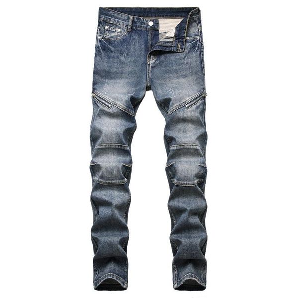 

men's jeans nostalgic zipper decoration style trendy pants denim long european and american personality, Blue