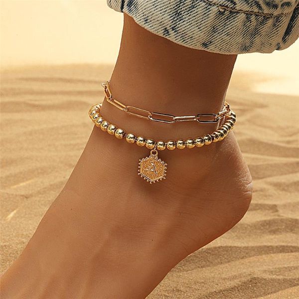 

link, chain women letter a pendant bracelet&bangle girls gold color metal alloy beach anklet fashion jewelry accessories party gift, Black