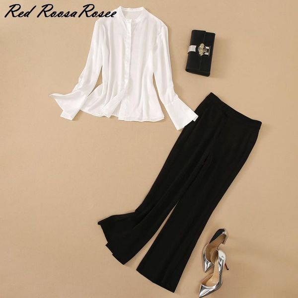 

women's two piece pants lady suit women o neck full sleeve blouse shirt set, White